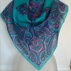 VTG Dunhill Italy Silk Paisley Scarf - Hand Rolled Teal Purple Magenta